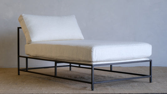 Inheritance Chaise Lounge in White Boucle and Blackened Steel